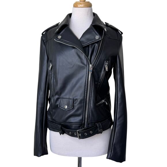 GREY LAB Faux Leather Biker Jacket Black Silver Hardware Size SMALL - Picture 4 of 11